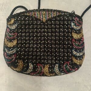 Vintage Beaded Evening Bag Black Multicolor Crescent Lattice Purse Made in Macau
